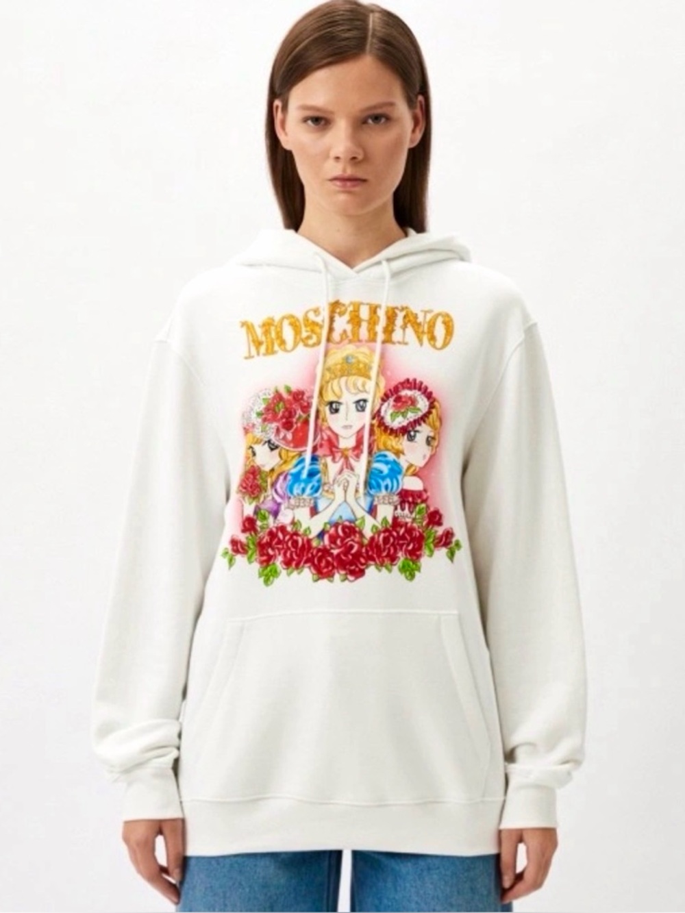 Moschino Anime Cartoon Fantasy Hooded Sweatshirt White Oversized